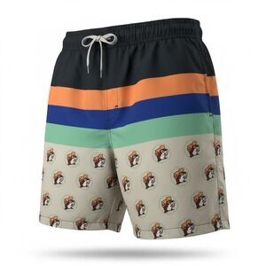 Buc-ees Mens Swim Trunks Size Med Logo Print Pockets Green Stripe Shorts Stretch